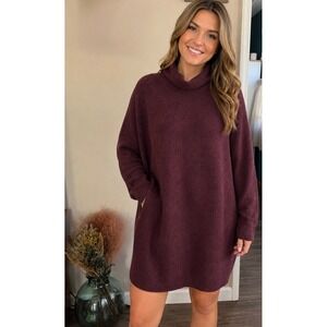 Aerie Womens XL Oversized Turtleneck Sweater Dress Burgundy Alpaca Wool Blend